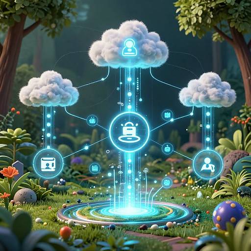 Digital artwork of glowing cloud-like structures in a vibrant forest, each cloud displaying blue icons and symbols connected by neon lines.