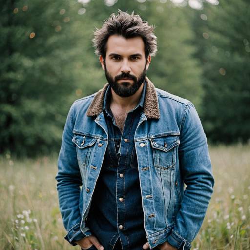 Solemn Rugged Man in Denim Jacket Outdoors