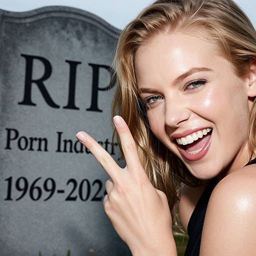 Photograph of a smiling blonde woman with blue eyes, making a peace sign, standing in front of a grey gravestone with black text. Bright sunlight