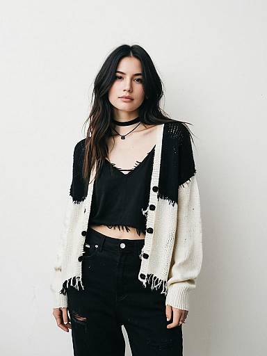Woman in Distressed Black and Cream Cardigan