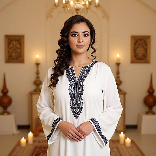 Photograph of a South Asian woman with curly black hair, wearing a white embroidered traditional top, standing in a warmly lit, ornate room with candles