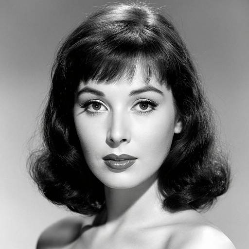 Black-and-white photograph of a woman with dark, wavy hair, bangs, and intense gaze, illuminated by dramatic light, creating stark contrasts on