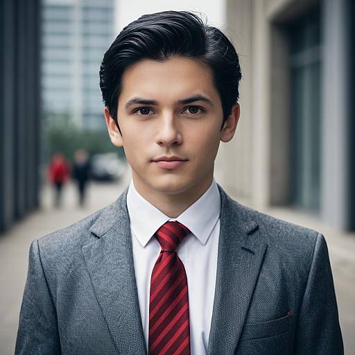 Young businessman in grey suit with red tie