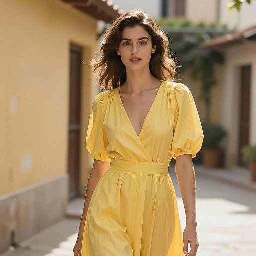 Elegant Woman in Sunlit Alley with Yellow Dress