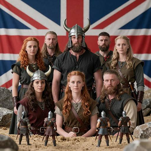 Group of Viking-Dressed People with Union Jack Background