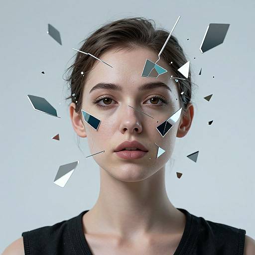 Photograph of a young woman with fair skin, dark brown hair in a bun, wearing a black sleeveless top, with shattered glass-like fragments floating
