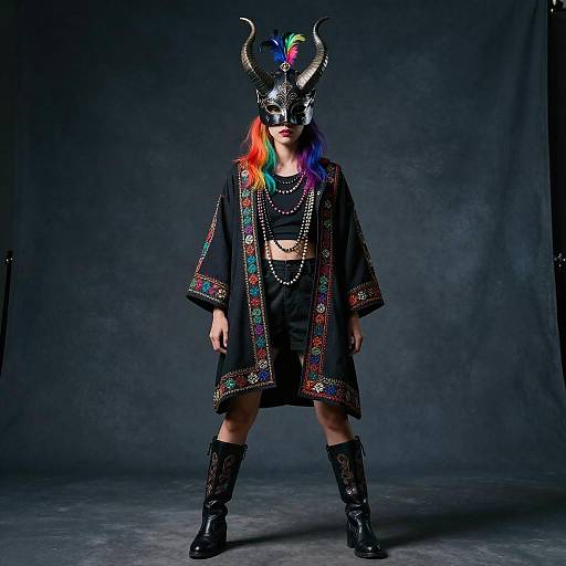 Photograph of a person with multicolored hair, wearing a black horned mask, embroidered black robe, black shorts, necklaces, and boots