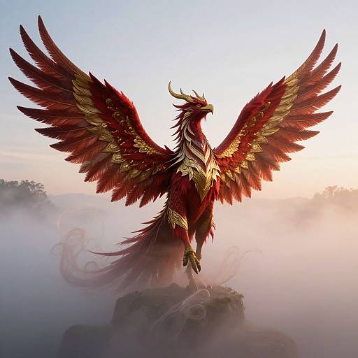 Digital art of a majestic red and gold phoenix with outstretched wings, standing on a misty rock at sunrise.