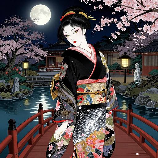 Digital illustration of a beautiful Japanese woman in a floral kimono, standing on a red bridge at night, under a full moon, with cherry blossoms