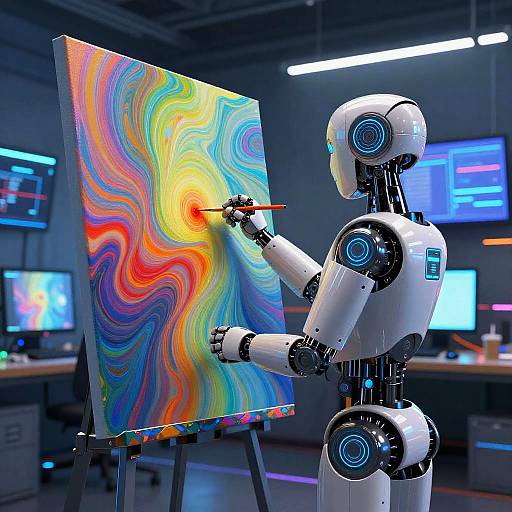 AI Robot Creating Luminous Digital Art