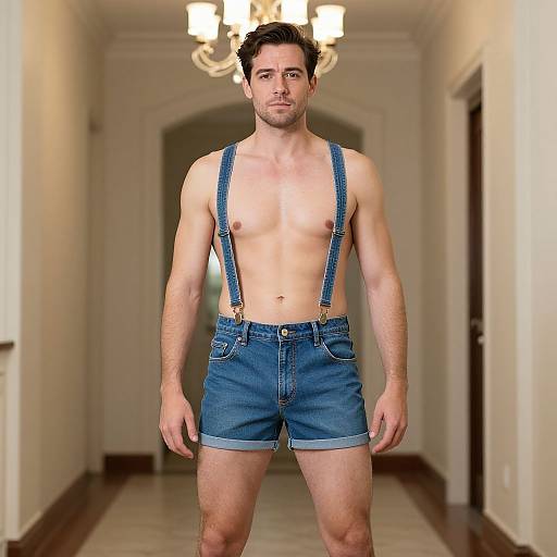Photograph of a muscular, shirtless white man with short dark hair, wearing blue denim suspenders and shorts, standing in a dimly lit,