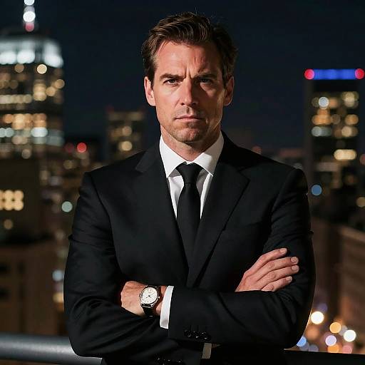 Photograph of a serious, middle-aged man with dark hair, wearing a black suit, white shirt, and black tie, standing with arms crossed,