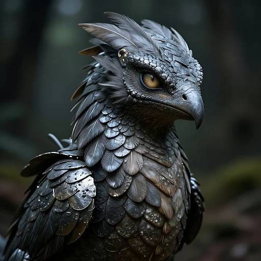 Photorealistic digital artwork of a dark, metallic-scaled dragon with fierce yellow eyes, feathered head, and intricate, reflective feather patterns against a