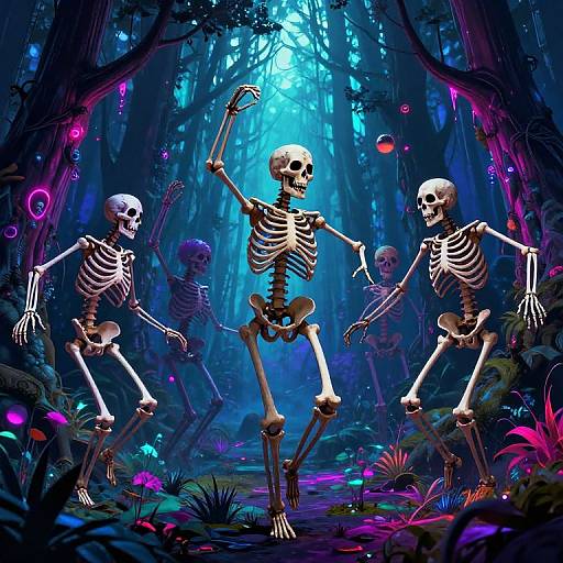 Digital illustration of four animated skeletons dancing in a vibrant, glowing forest with neon lights, colorful fungi, and ethereal blue light.