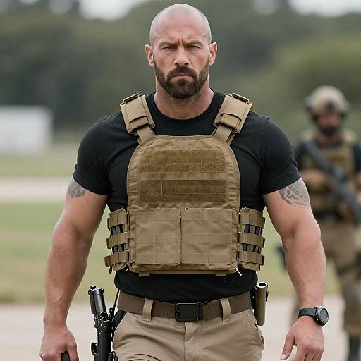 Muscular Tactical Man Holding Handgun