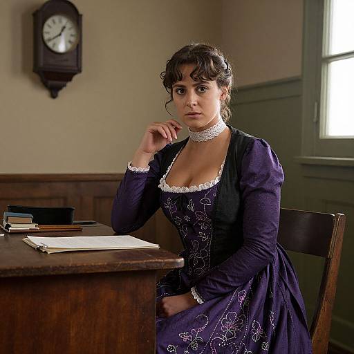 Photograph of a dark-haired woman in a Victorian-style purple dress with white lace, sitting at a wooden desk in a dimly lit room, wearing