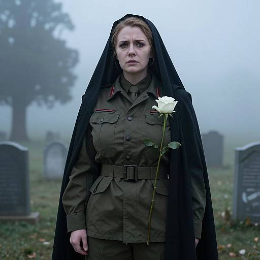 Photograph of a solemn woman in military uniform with black veil, holding white rose, standing in foggy cemetery with gravestones.