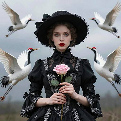 Gothic Woman in Victorian Dress with Pink Rose and Cranes