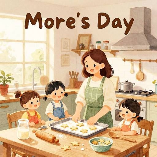 Digital illustration of a smiling Asian woman with brown hair in a green apron, baking with three children in a bright, sunlit kitchen. Text reads