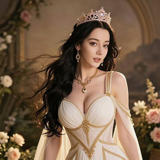 Digital illustration of a fair-skinned, dark-haired princess with large breasts, wearing a gold-trimmed white gown, tiara, and necklace,