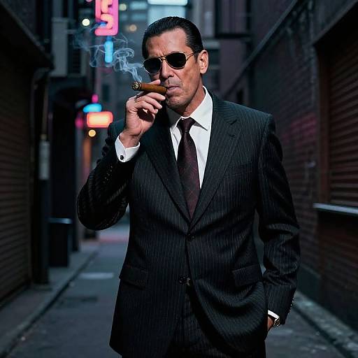 Photograph of a suave, middle-aged man in a black pinstripe suit, sunglasses, and brown tie, smoking a cigar on a dim