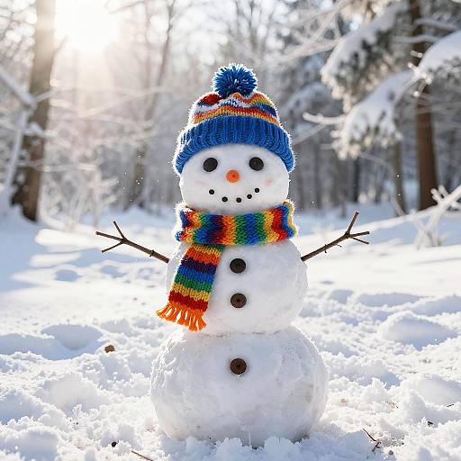 Photograph of a cheerful snowman in a winter forest, wearing a blue striped hat and rainbow scarf, with stick arms and black buttons, standing in