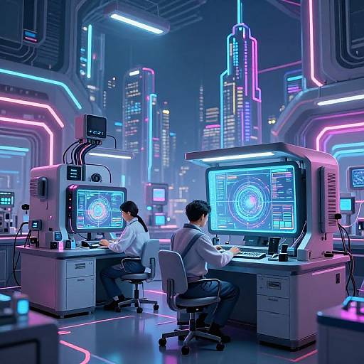 Digital illustration of two scientists in white lab coats working on futuristic neon-lit computer stations in a cyberpunk cityscape.