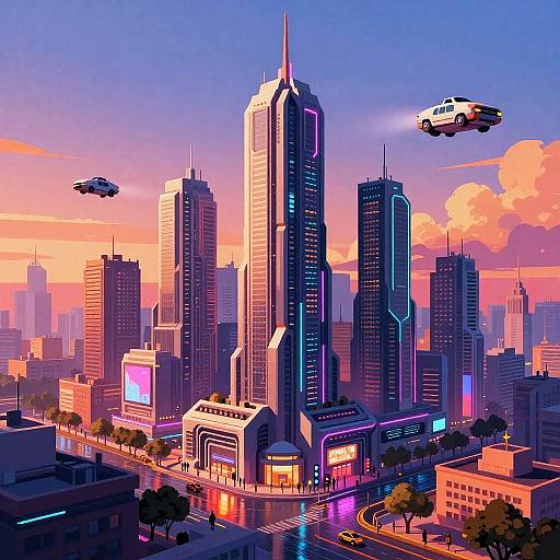 Digital art of a futuristic cityscape at sunset, featuring neon-lit skyscrapers, flying cars, and vibrant pink-orange skies with clouds.