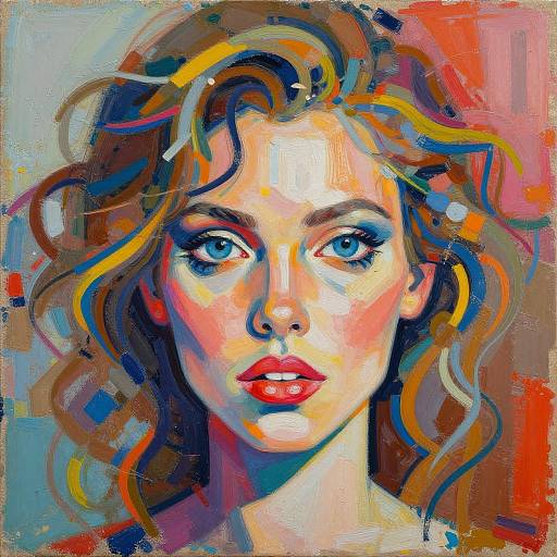 Vibrant, abstract painting of a woman with striking blue eyes, red lips, and wavy brown hair, using bold, colorful brushstrokes