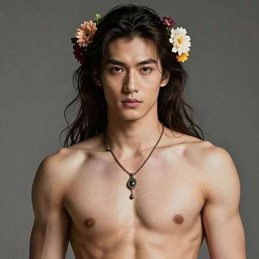 Photograph of a young, shirtless Asian man with long black hair, wearing a flower crown and necklace, against a gray background.