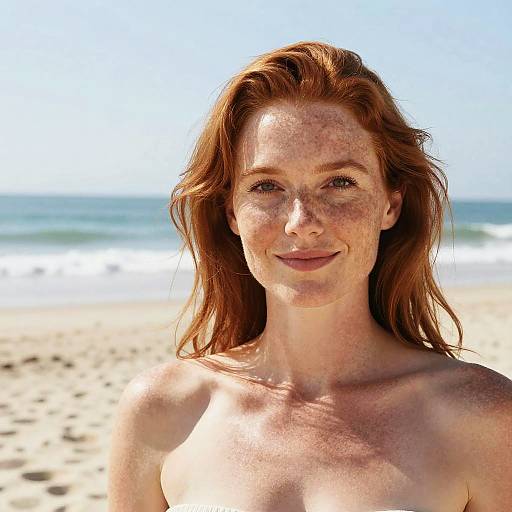 Photograph of a freckled, red-haired, topless woman smiling on a sunny beach with blue ocean waves and clear sky in the background.