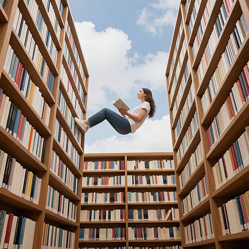 Photograph of a woman with brown hair, wearing a white shirt and blue jeans, flying between towering bookshelves filled with colorful books, under a