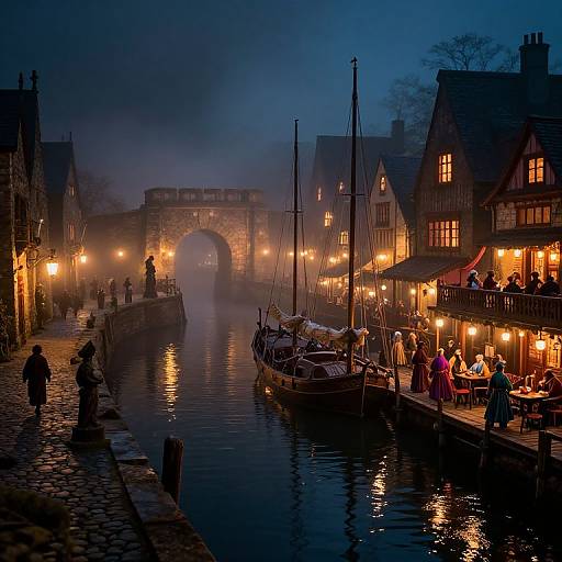 Photograph of a misty, nighttime canal scene with illuminated wooden houses, docked sailboats, and warmly lit street vendors on cobblestone paths