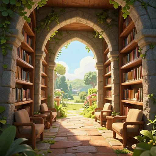 Photograph of a sunlit stone archway library, with lush greenery outside, wooden bookshelves, cushioned chairs, and vines climbing the