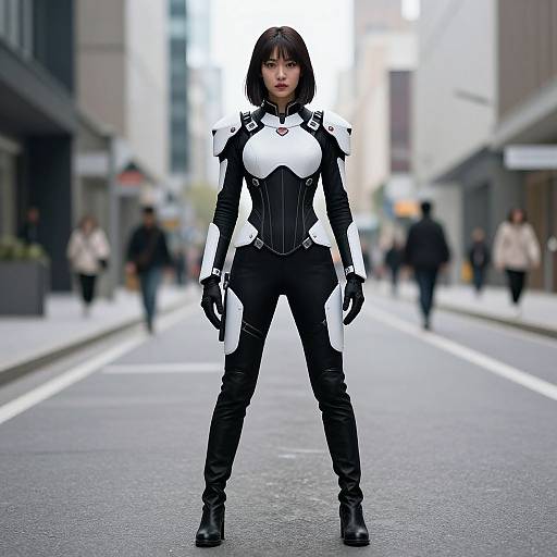 Photorealistic CGI of a confident Asian woman in a black and white tactical suit, standing on a city street, blurred pedestrians in background.