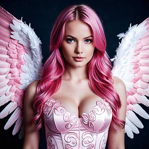 Woman with Pink Angel Wings and Long Hair