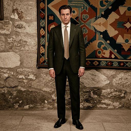 Photograph of a young man in a black suit, white shirt, and brown tie, standing in front of a textured stone wall with a colorful,