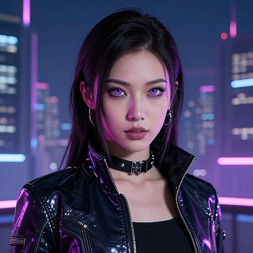 Digital artwork of an East Asian woman with striking purple eyes, black leather jacket, and choker, set against a neon-lit cityscape at night
