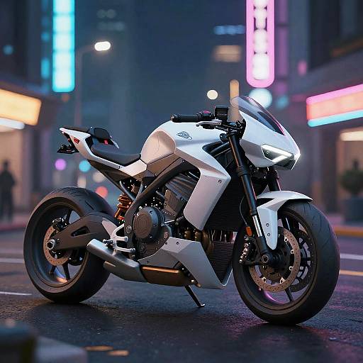 Photograph of a sleek, white sport motorcycle with black accents parked on a rainy urban street at night, illuminated by colorful neon signs in the blurred background