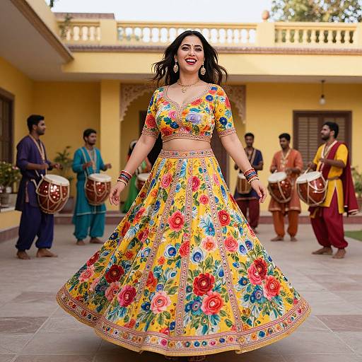 Photograph of a smiling Indian woman in a vibrant, floral-patterned lehenga, standing in front of musicians in traditional attire, on a yellow-p