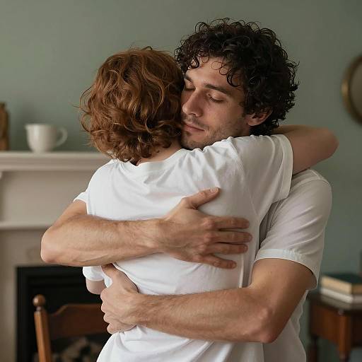 Emotional Embrace in Dimly Lit Room