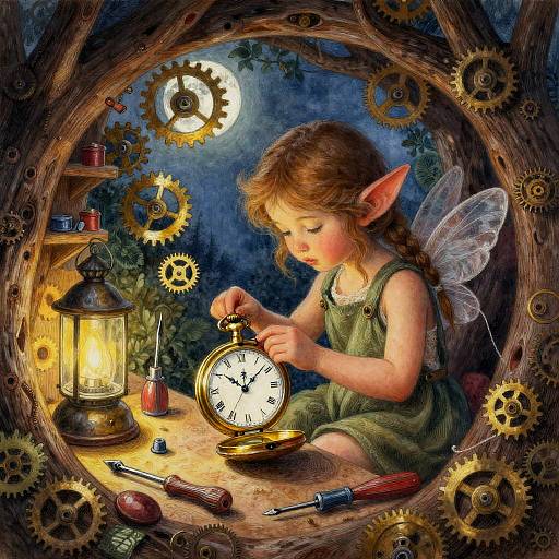 Tiny Clockmaker Fairy in Oak Workshop