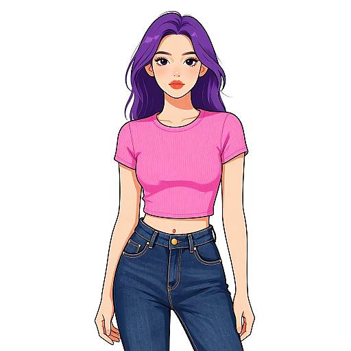 Digital anime-style illustration of a young woman with long purple hair, wearing a pink cropped t-shirt and dark blue jeans, standing against a white background.