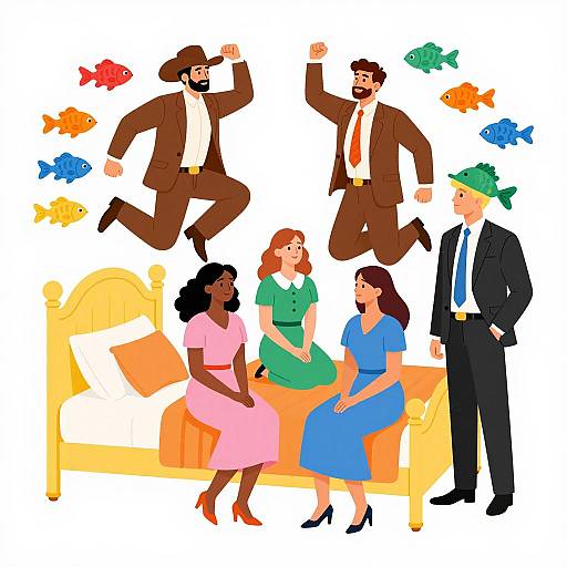 Whimsical Group of People with Colorful Fish