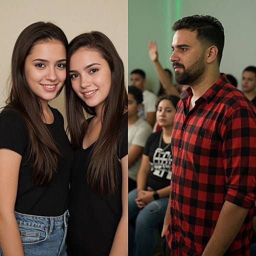 Photograph split: Left, two smiling young women with long dark hair, black shirts, and jeans; right, bearded man in red plaid