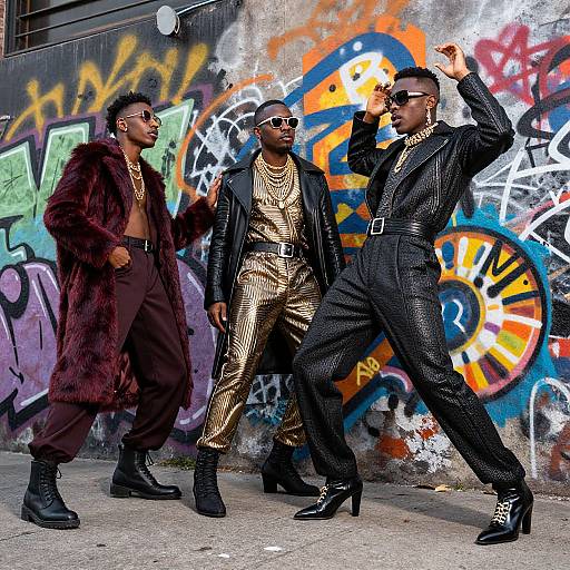 Photograph of three Black men in stylish, bold outfits posing confidently against a vibrant graffiti-covered wall, featuring fur, gold, and black suits.
