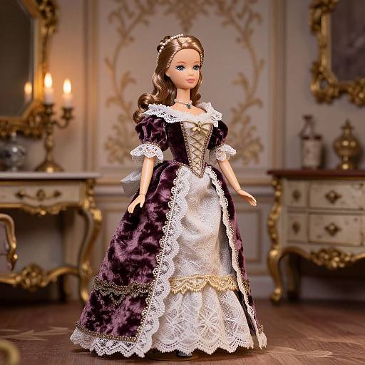 Photograph of a doll in an ornate, purple and white Victorian-style gown with lace trim, standing in an elegant, gold-accented room