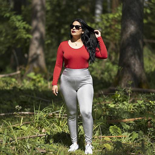 Curvy Woman in Sunlit Forest Fashion