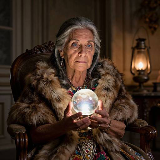 Photograph of an elderly woman with gray hair, wearing a fur coat, holding a glowing glass orb, illuminated by a lamp in a dimly lit