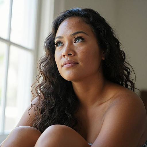 Photograph of a beautiful, dark-haired, light-skinned woman with blue eyes, sitting indoors, naked, with soft natural light highlighting her face and